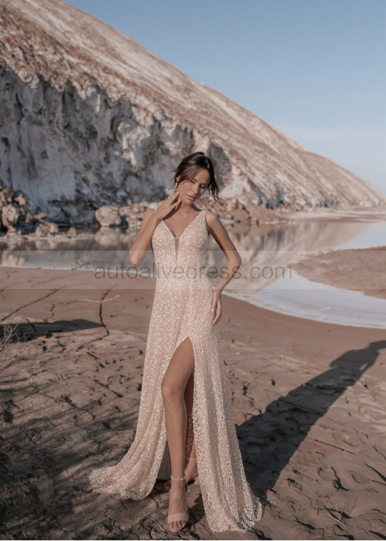 Luxurious Beaded Lace Tulle Slit Beach Wedding Dress